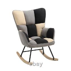 Patchwork Linen Upholstered Rocking Chair Wing Back Lounge Rocking Sofa Armchair