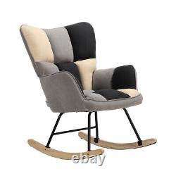 Patchwork Linen Upholstered Rocking Chair Wing Back Lounge Rocking Sofa Armchair