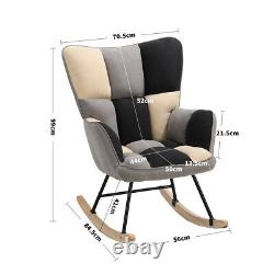 Patchwork Linen Upholstered Rocking Chair Wing Back Lounge Rocking Sofa Armchair