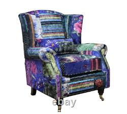 Patchwork London Queen Anne Fireside High Back Wing Chair Cottage Fabric