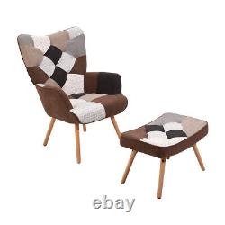 Patchwork Wingback Armchair Fireside Lounge Chair & Footstool for Living Bedroom