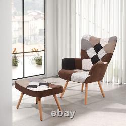 Patchwork Wingback Armchair Fireside Lounge Chair & Footstool for Living Bedroom