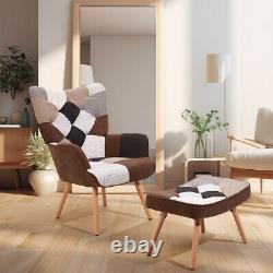 Patchwork Wingback Armchair Fireside Lounge Chair & Footstool for Living Bedroom