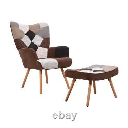Patchwork Wingback Armchair Fireside Lounge Chair & Footstool for Living Bedroom