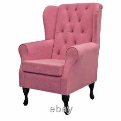 Pink Buttoned Armchair Wingback Fireside Chair Flamingo Soft Fabric Handmade