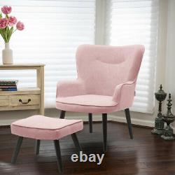 Pink Velvet Smiling Wing Back Armchair Chair Fireside Sofa Matching Stool Seat