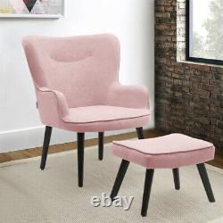 Pink Velvet Smiling Wing Back Armchair Chair Fireside Sofa Matching Stool Seat