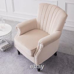 Plush Fabric Armchair Shell Back Rivet Fireside Tub Chair Accent Pad Sofa Beige