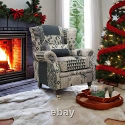 PreXmas Del Accent Wing Chair Fireside Cottage Charles Patchwork Beige Fabric