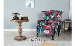 Queen Anne Chair Patchwork Vintage Armchair High Back Wing Fireside Sofa Antique