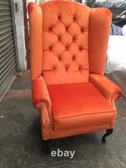 Queen Anne Extra High back Wing fireside Velvet Chair. Many Colours Available