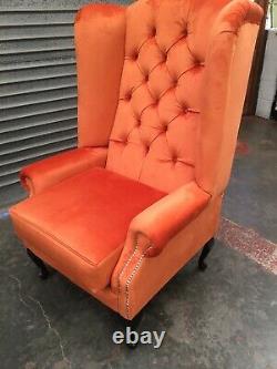 Queen Anne Extra High back Wing fireside Velvet Chair. Many Colours Available