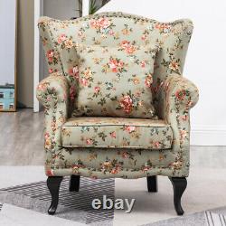 Queen Anne Floral Fabric padded Armchair Fireside Wingback Chair With Cushion