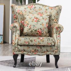 Queen Anne Floral Fabric padded Armchair Fireside Wingback Chair with Cushion