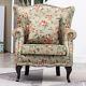 Queen Anne Floral Fabric Padded Armchair Fireside Wingback Chair With Cushion