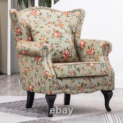 Queen Anne Floral Fabric padded Armchair Fireside Wingback Chair with Cushion