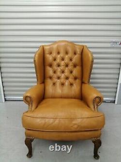 Queen Anne Light Tan Chesterfield Leather Wingback Chair Wing Back, Fireside
