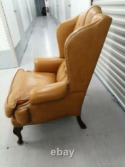 Queen Anne Light Tan Chesterfield Leather Wingback Chair Wing Back, Fireside