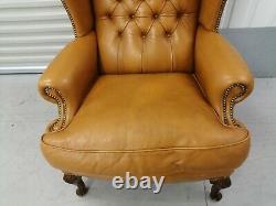 Queen Anne Light Tan Chesterfield Leather Wingback Chair Wing Back, Fireside