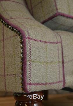 Queen Anne Wing Back Cottage Fireside Chair Bamburgh Brown Check Fabric