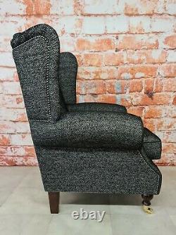 Queen Anne Wing Back Cottage Fireside Chair Black/Grey Herringbone Fabric