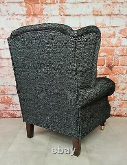 Queen Anne Wing Back Cottage Fireside Chair Black/Grey Herringbone Fabric