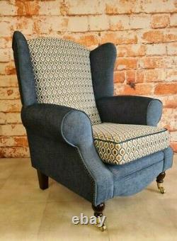 Queen Anne Wing Back Cottage Fireside Chair Blue and Orange Honeycomb Design