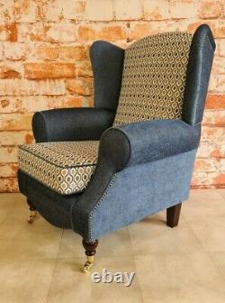 Queen Anne Wing Back Cottage Fireside Chair Blue and Orange Honeycomb Design