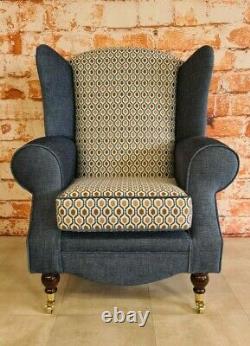 Queen Anne Wing Back Cottage Fireside Chair Blue and Orange Honeycomb Design