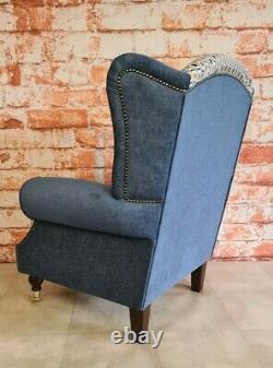 Queen Anne Wing Back Cottage Fireside Chair Blue and Orange Honeycomb Design