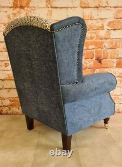 Queen Anne Wing Back Cottage Fireside Chair Blue and Orange Honeycomb Design