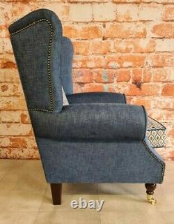 Queen Anne Wing Back Cottage Fireside Chair Blue and Orange Honeycomb Design