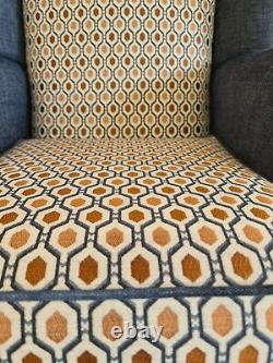 Queen Anne Wing Back Cottage Fireside Chair Blue and Orange Honeycomb Design