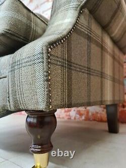 Queen Anne Wing Back Cottage Fireside Chair Chocolate & Brown Tartan Fabric