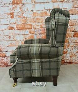 Queen Anne Wing Back Cottage Fireside Chair Chocolate & Brown Tartan Fabric