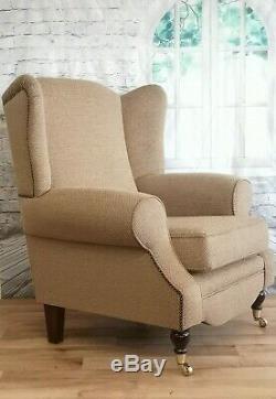 Queen Anne Wing Back Cottage Fireside Chair -Golden Brown Weave Effect Fabric