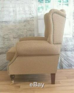Queen Anne Wing Back Cottage Fireside Chair -Golden Brown Weave Effect Fabric