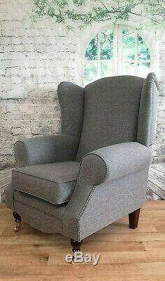 Queen Anne Wing Back Cottage Fireside Chair Grey Herringbone Fabric