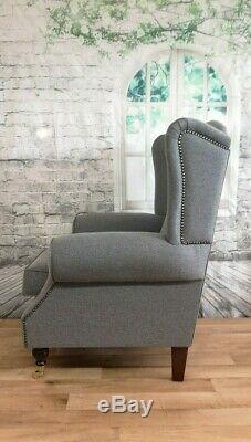 Queen Anne Wing Back Cottage Fireside Chair Grey Herringbone Fabric