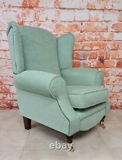 Queen Anne Wing Back Cottage Fireside Chair Jade Green Weave Effect Fabric