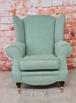 Queen Anne Wing Back Cottage Fireside Chair Jade Green Weave Effect Fabric