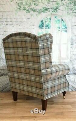 Queen Anne Wing Back Cottage Fireside Chair Lana Duck Egg Tartan Dark Wood Legs