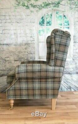 Queen Anne Wing Back Cottage Fireside Chair Lana Duck Egg Tartan Light Wood Legs