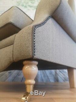 Queen Anne Wing Back Cottage Fireside Chair Light Brown Herringbone Fabric