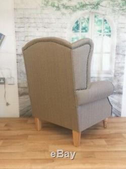 Queen Anne Wing Back Cottage Fireside Chair Light Brown Herringbone Fabric