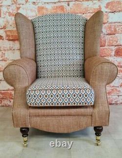 Queen Anne Wing Back Cottage Fireside Chair Orange and Blue Honeycomb Design