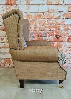 Queen Anne Wing Back Cottage Fireside Chair Orange and Blue Honeycomb Design