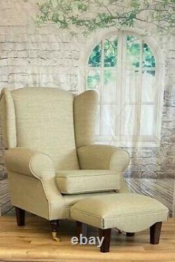 Queen Anne Wing Back Cottage Fireside Chair & footstool Beige Weave Fabric