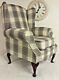 Queen Anne Wing Back Cottage Fireside Chair In Cream Grey Alderney Tartan Fabric