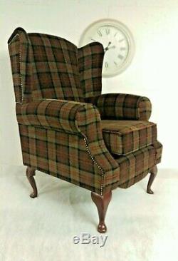 Queen Anne Wing Back Cottage Fireside Chair in Dark Green Lana Tartan Fabric